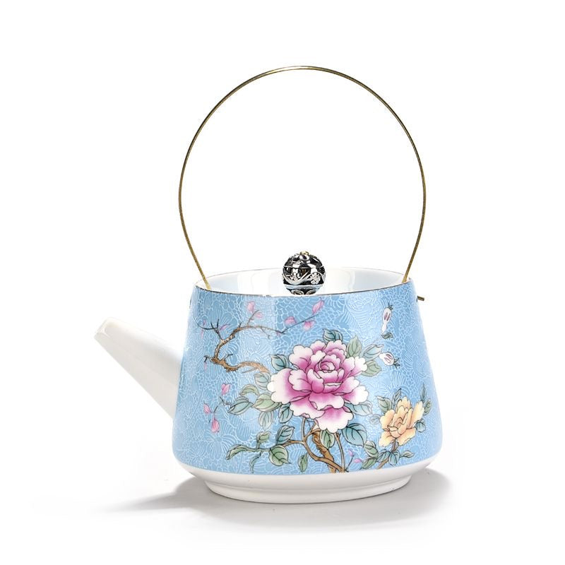 Tetera de Porcelana con Flores y Asa Dorada