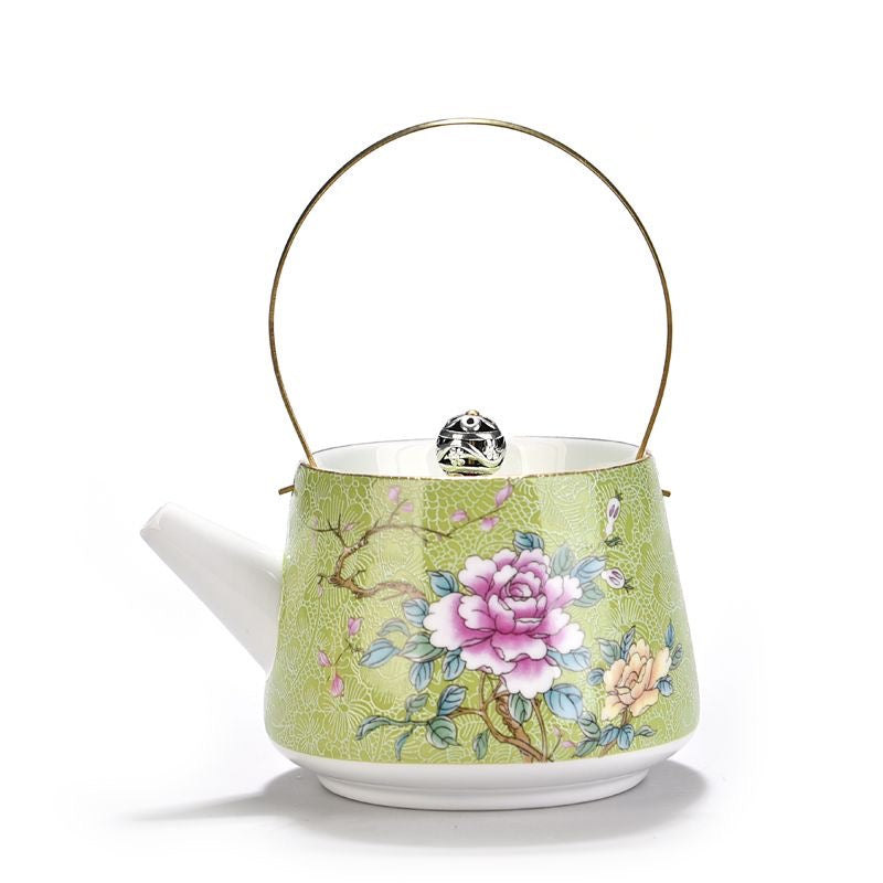 Tetera de Porcelana con Flores y Asa Dorada