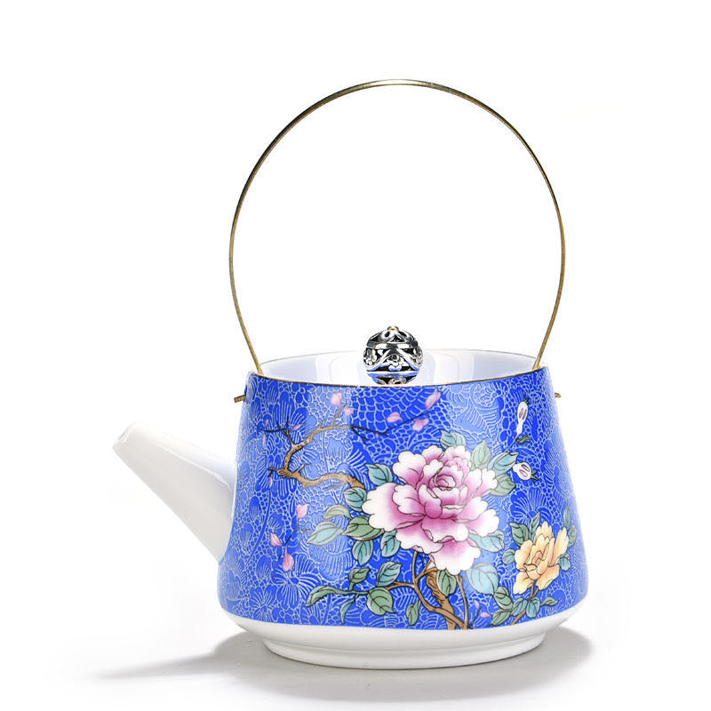 Tetera de Porcelana con Flores y Asa Dorada