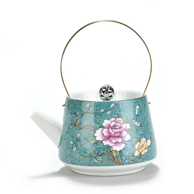 Tetera de Porcelana con Flores y Asa Dorada
