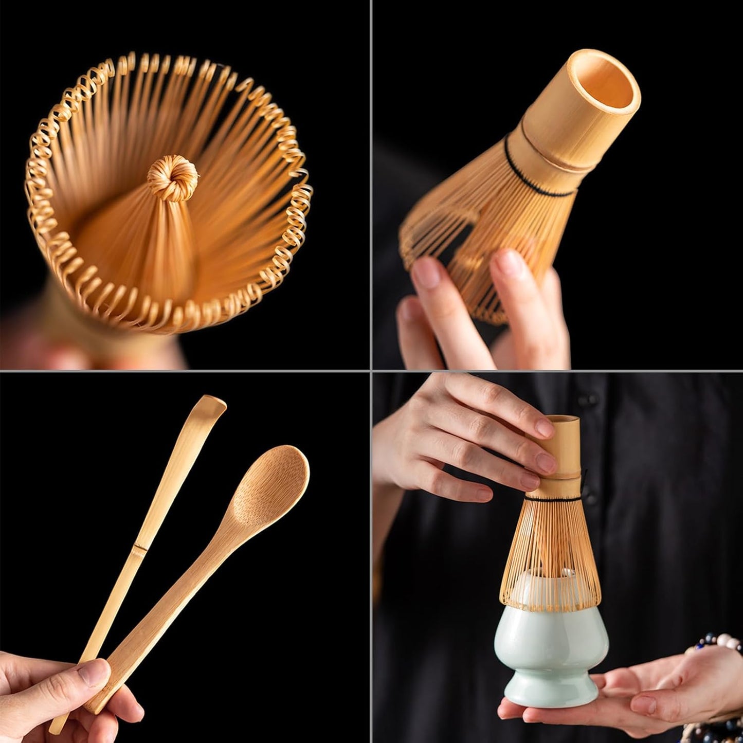 Juego de Herramientas de Té Matcha de Bambú - Batidor, Soporte Cerámico, Cucharón y Cuchara
