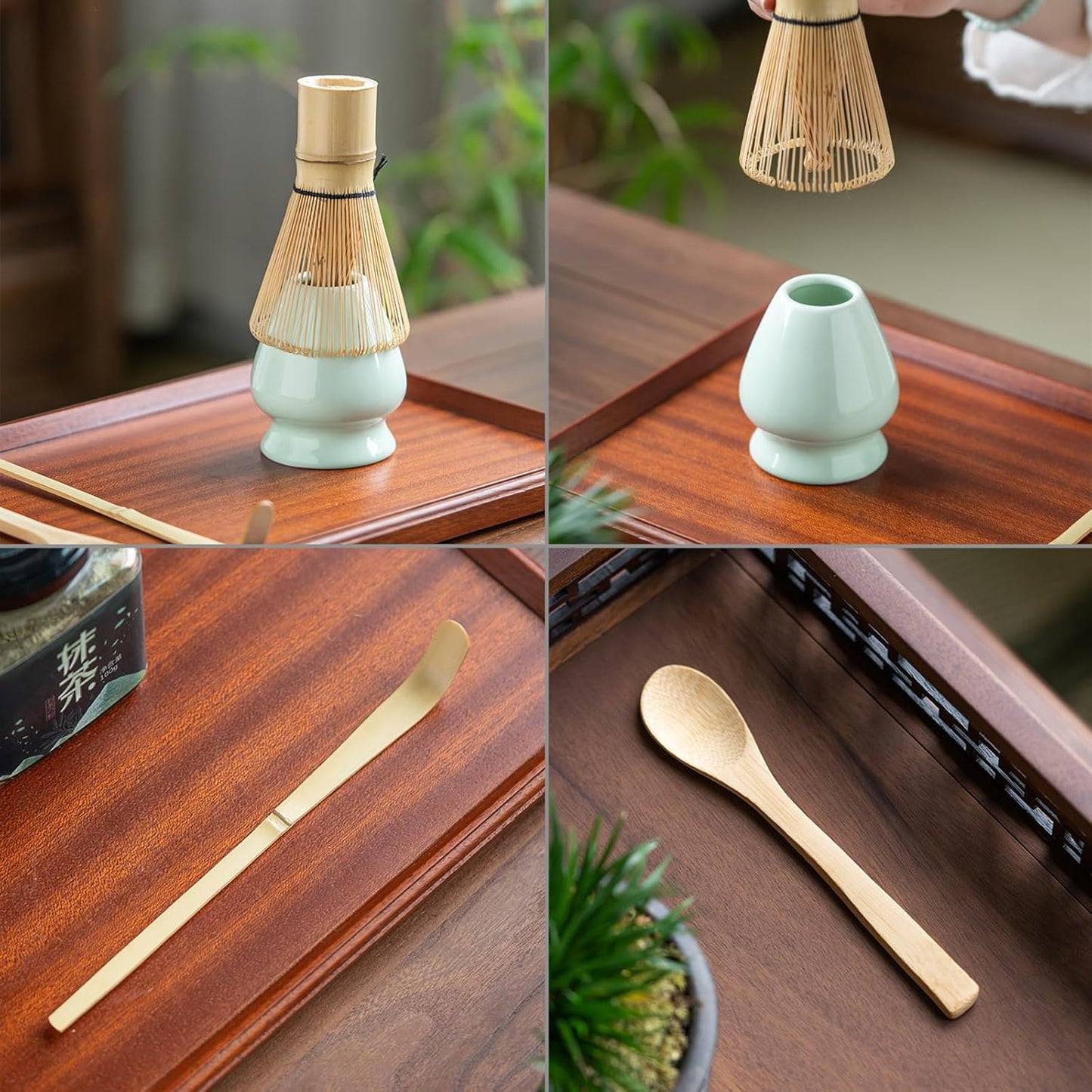 Juego de Herramientas de Té Matcha de Bambú - Batidor, Soporte Cerámico, Cucharón y Cuchara