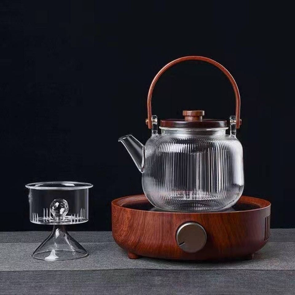 Tetera de Vidrio con Asa de Madera - Estilos Estriado y Liso