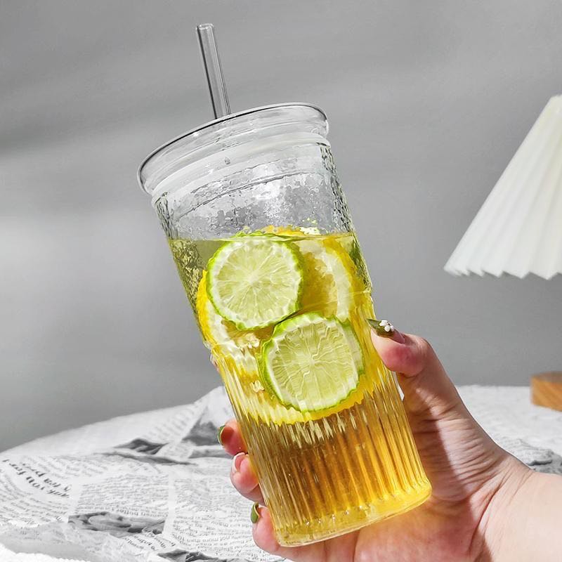 Vaso de Vidrio Texturizado con Tapa y Carrizo (Sorbete)