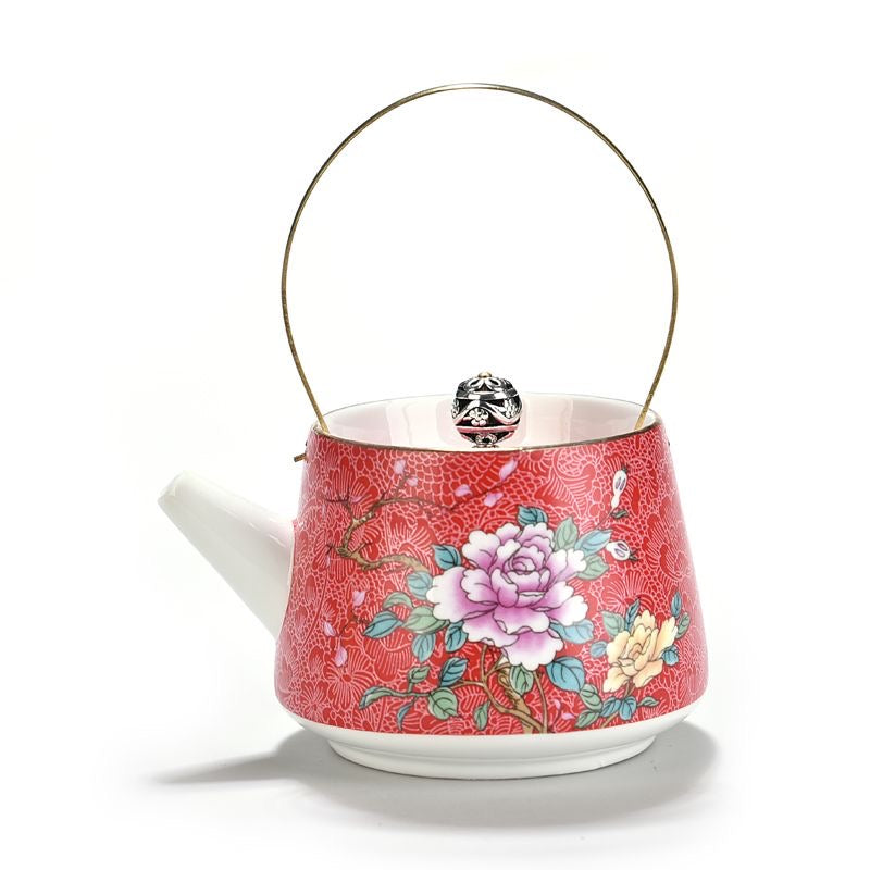 Tetera de Porcelana con Flores y Asa Dorada