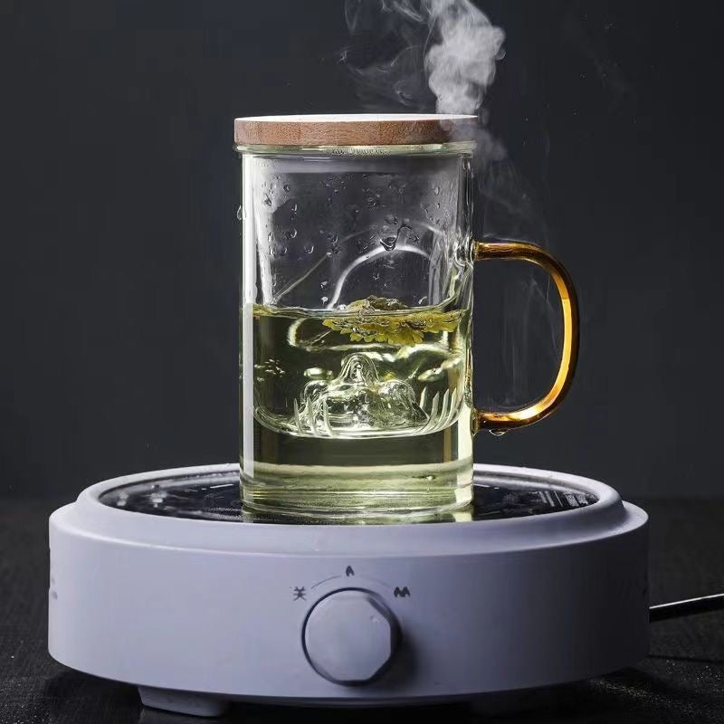 Tazas de Vidrio con Detalles Decorativos y Tapa de Bambú