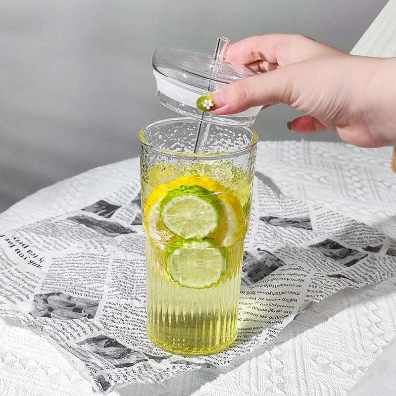 Vaso de Vidrio Texturizado con Tapa y Carrizo (Sorbete)